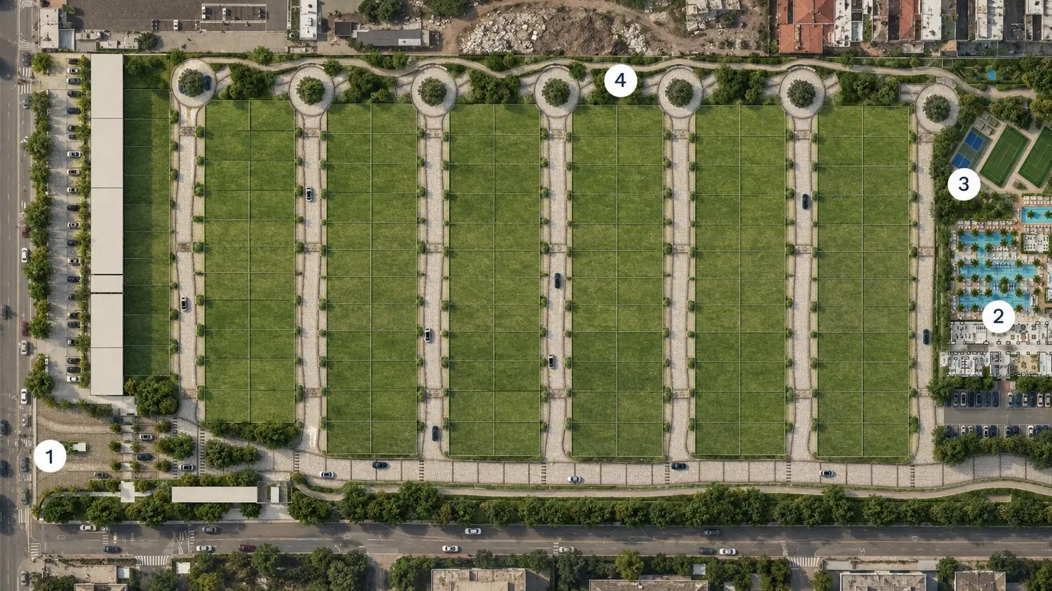 Masterplan de Costa Faro con acceso, casa club, canchas y lotes